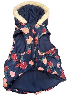 Navy Floral Puffer Dog Coat with Faux Fur Hood